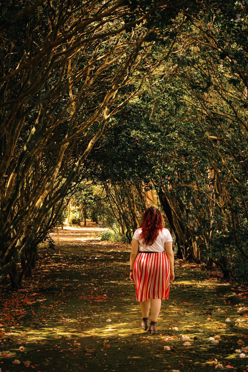 Woman Walking On Tree Pathway